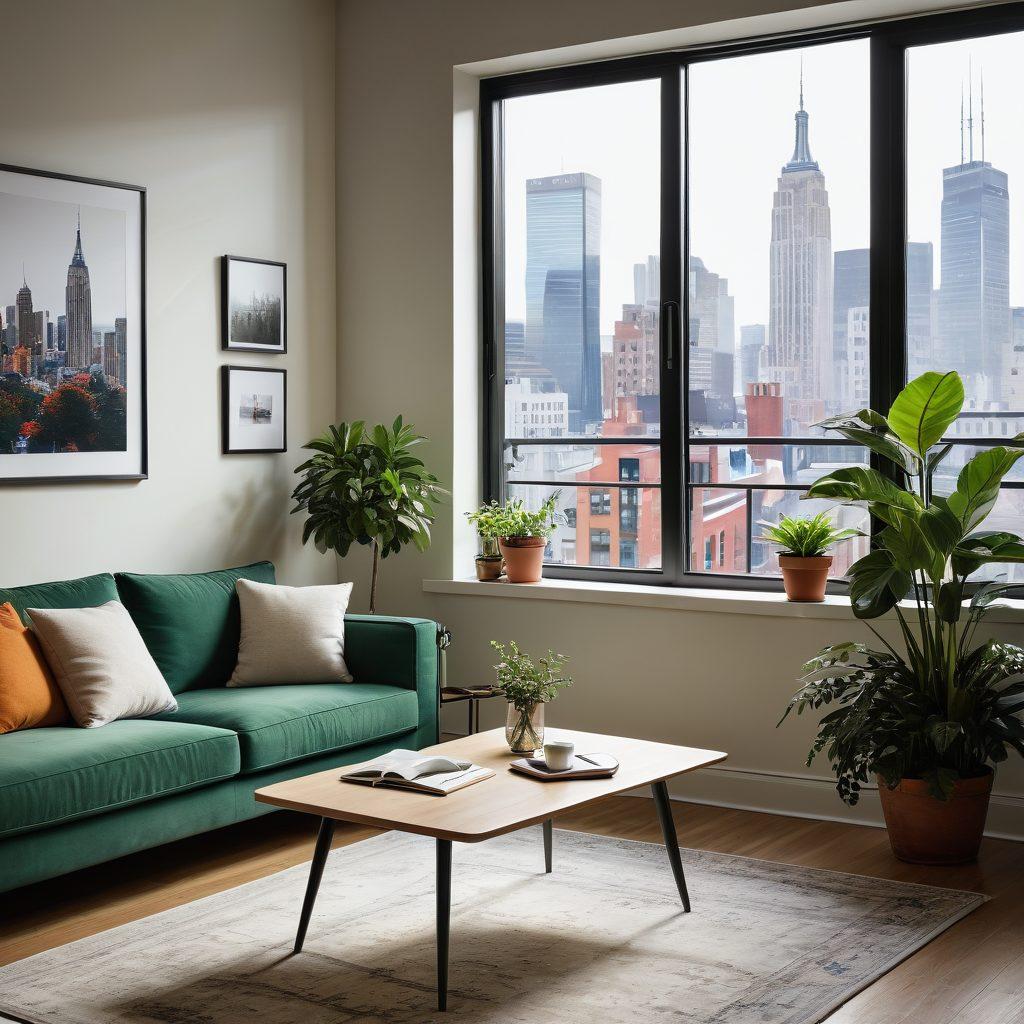 A cozy apartment interior with a large window showing a cityscape outside, filled with plants and inviting decor. A digital tablet displaying rental listings sits on a stylish coffee table, while a person is seen browsing through a laptop. Soft lighting enhances the warm atmosphere, capturing the journey of finding the perfect rental. minimalist design. super-realistic. vibrant colors.