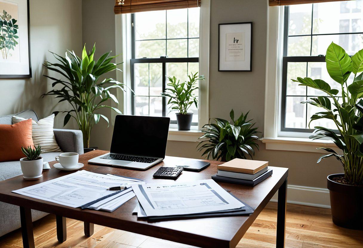 A serene and organized home office setup featuring a person reviewing lease documents, surrounded by essential tools like a calculator, pen, and renter's guide. In the background, a cozy living space suggests comfort and security, with potted plants and natural light streaming in. Integrate subtle infographics highlighting key lease tips floating around the workspace. bright colors. super-realistic.