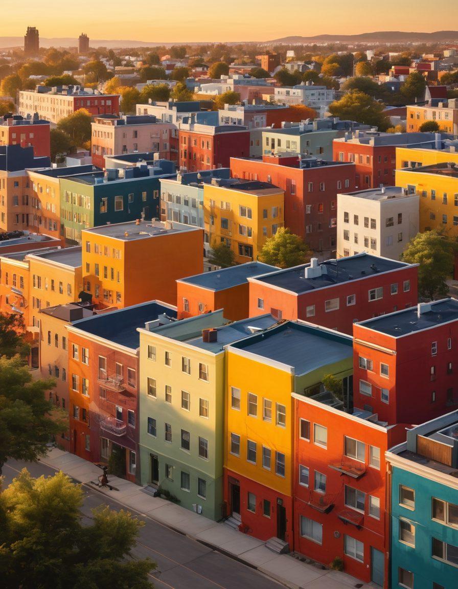 A serene urban landscape showcasing diverse apartment buildings, with a golden key unlocking an unseen door in the foreground, symbolizing accessibility and opportunity. Bright, inviting colors highlighting the variety of apartments. Include elements like a diverse group of happy people exploring the area, with a warm sunset backdrop to evoke a sense of hope and possibility. super-realistic. vibrant colors. warm tones.
